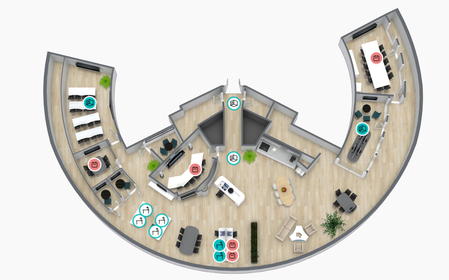 Live view of available desks, meeting rooms or social zones from any device